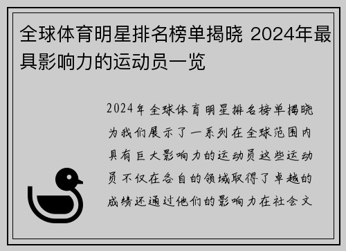 全球体育明星排名榜单揭晓 2024年最具影响力的运动员一览